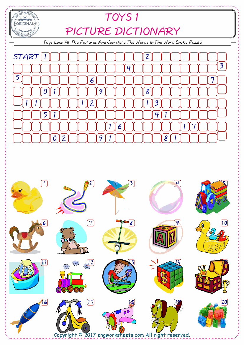  Check the Illustrations of Toys english worksheets for kids, and Supply the Missing Words in the Word Snake Puzzle ESL play. 